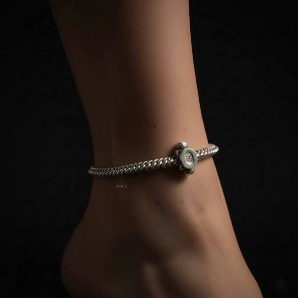 Rigid pure silver single leg anklet kada for women, handmade bangle style anklets